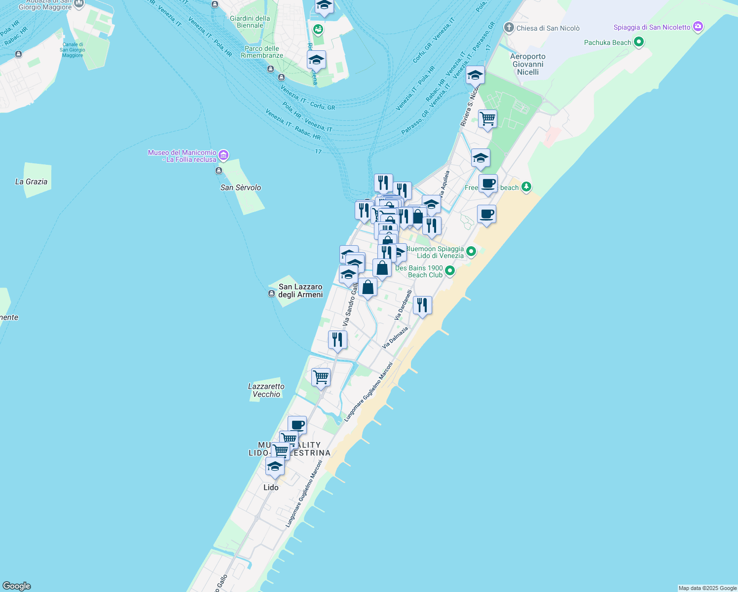 map of restaurants, bars, coffee shops, grocery stores, and more near 29 Via Lepanto in Lido