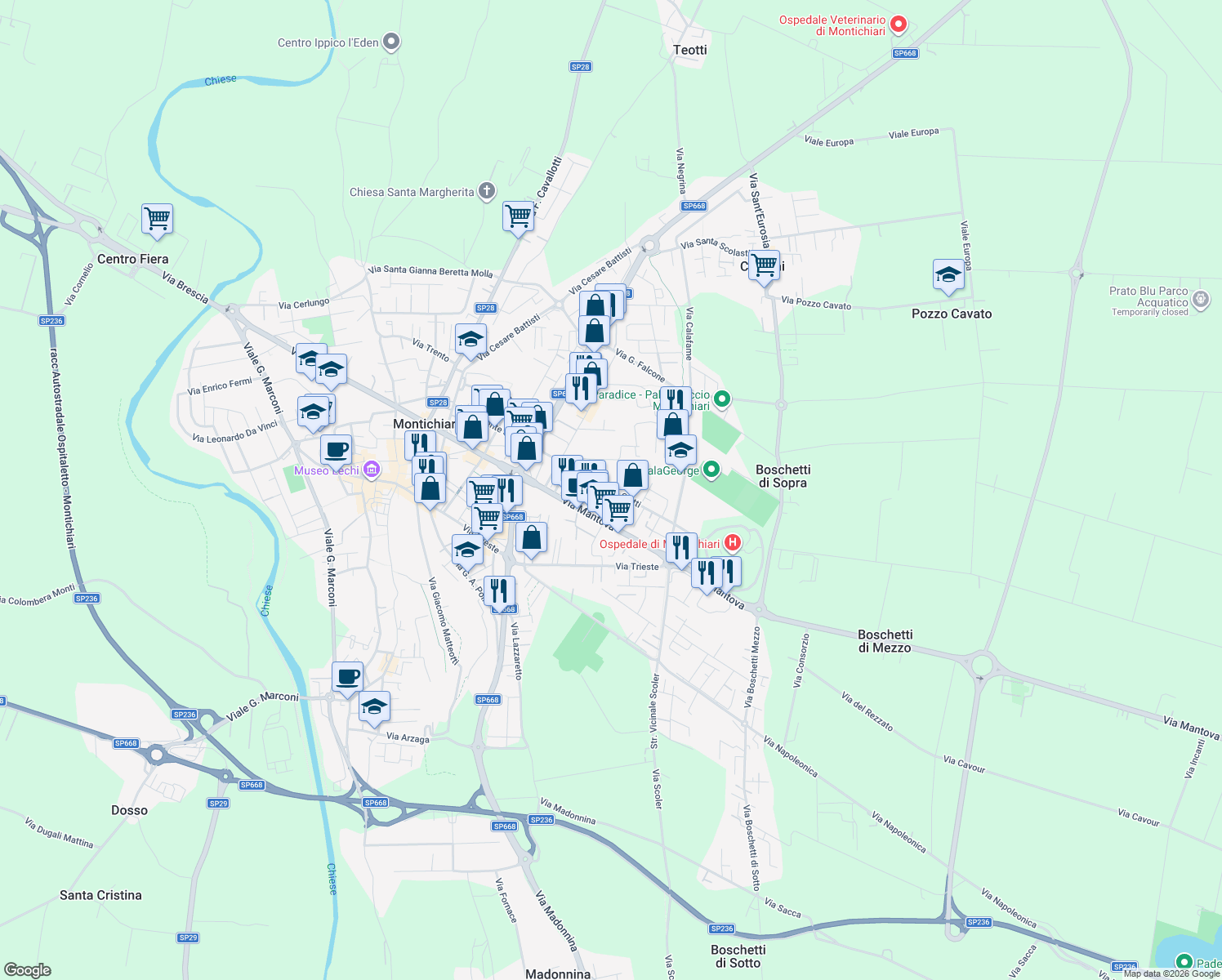 map of restaurants, bars, coffee shops, grocery stores, and more near 54 Via Giuseppe Ciotti in Montichiari
