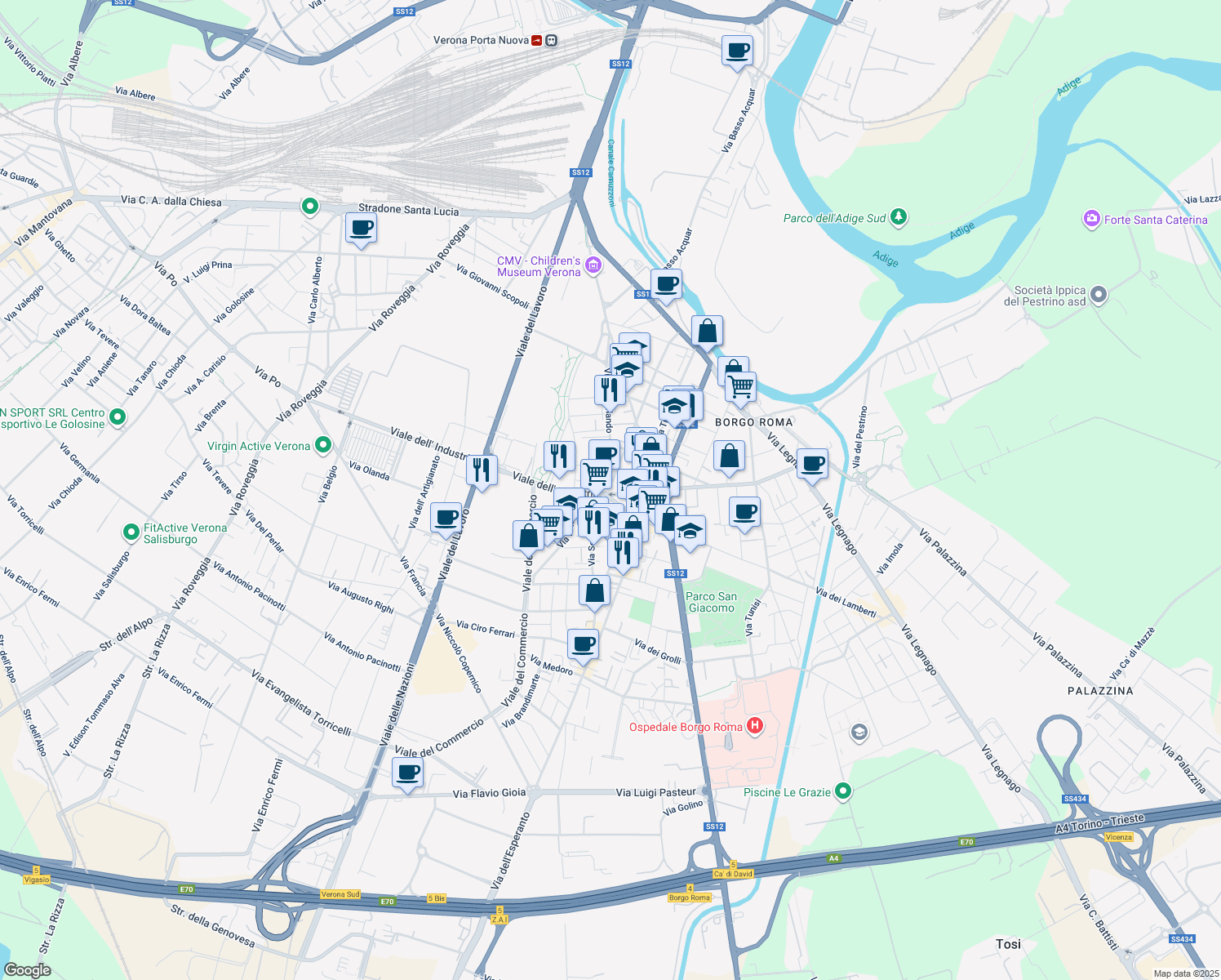 map of restaurants, bars, coffee shops, grocery stores, and more near 7 Via Monfalcone in Verona