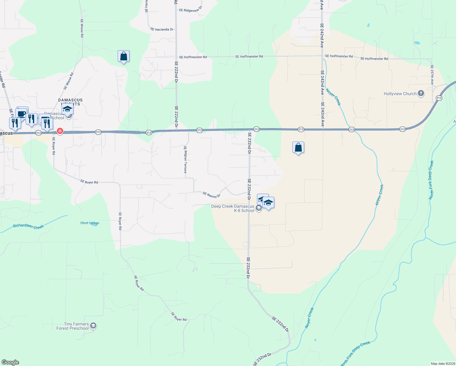 map of restaurants, bars, coffee shops, grocery stores, and more near 22905 Southeast Naomi Court in Damascus
