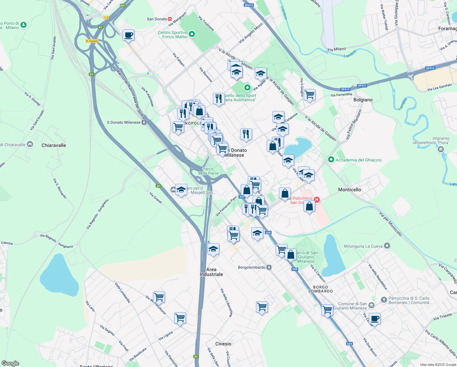 map of restaurants, bars, coffee shops, grocery stores, and more near 3 Via Cesare Zavattini in San Donato Milanese