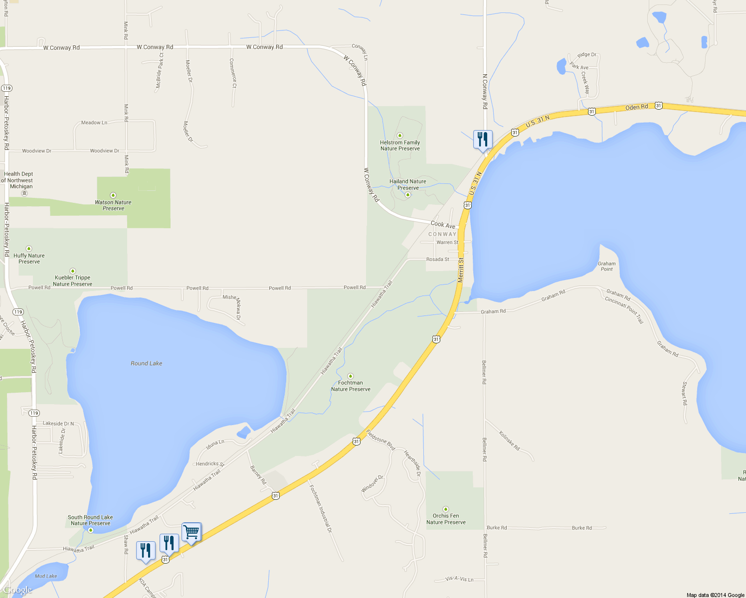 map of restaurants, bars, coffee shops, grocery stores, and more near Petoskey to Mackinaw Trail in Emmet County