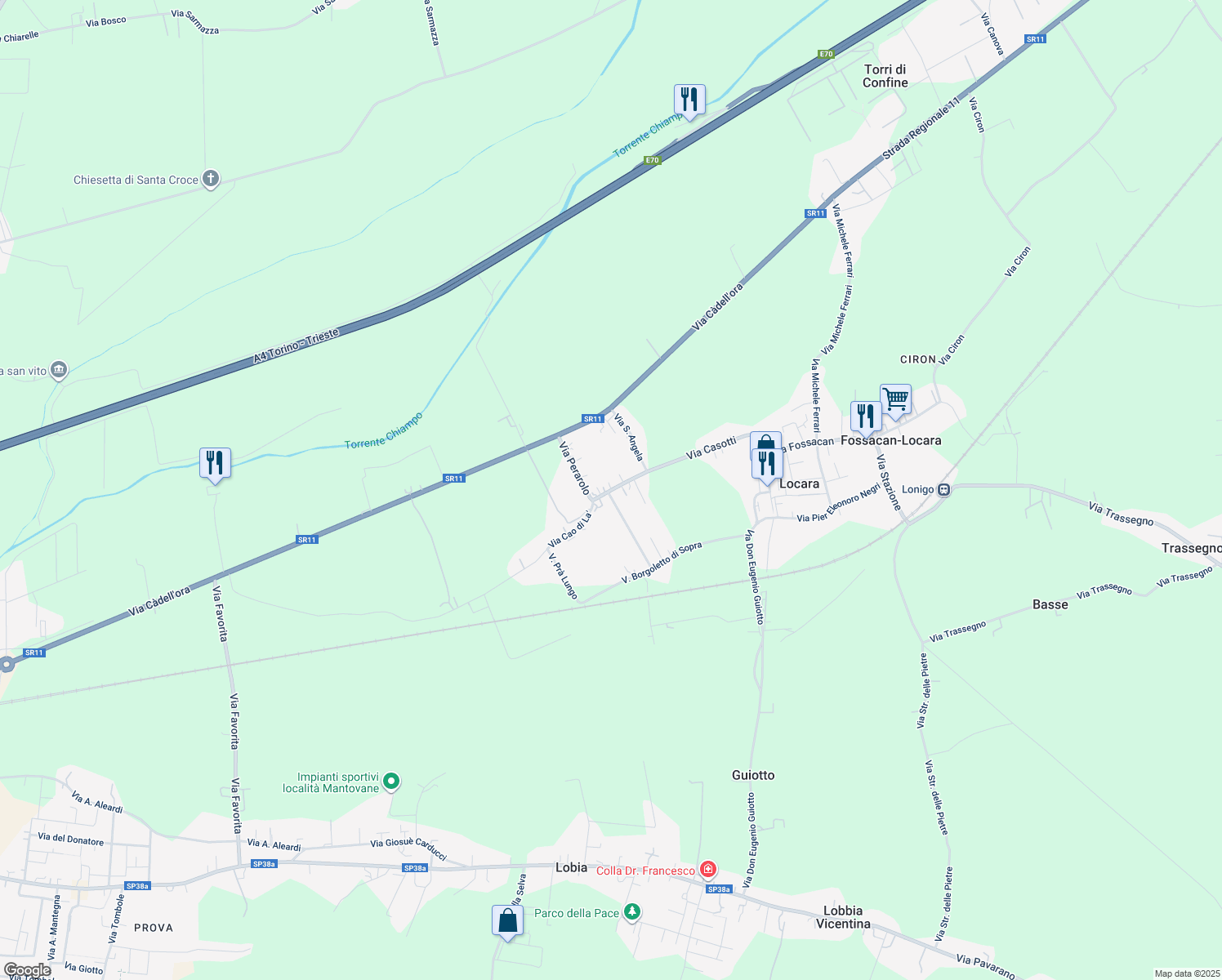 map of restaurants, bars, coffee shops, grocery stores, and more near 22 Via Barbarani Berto in Locara