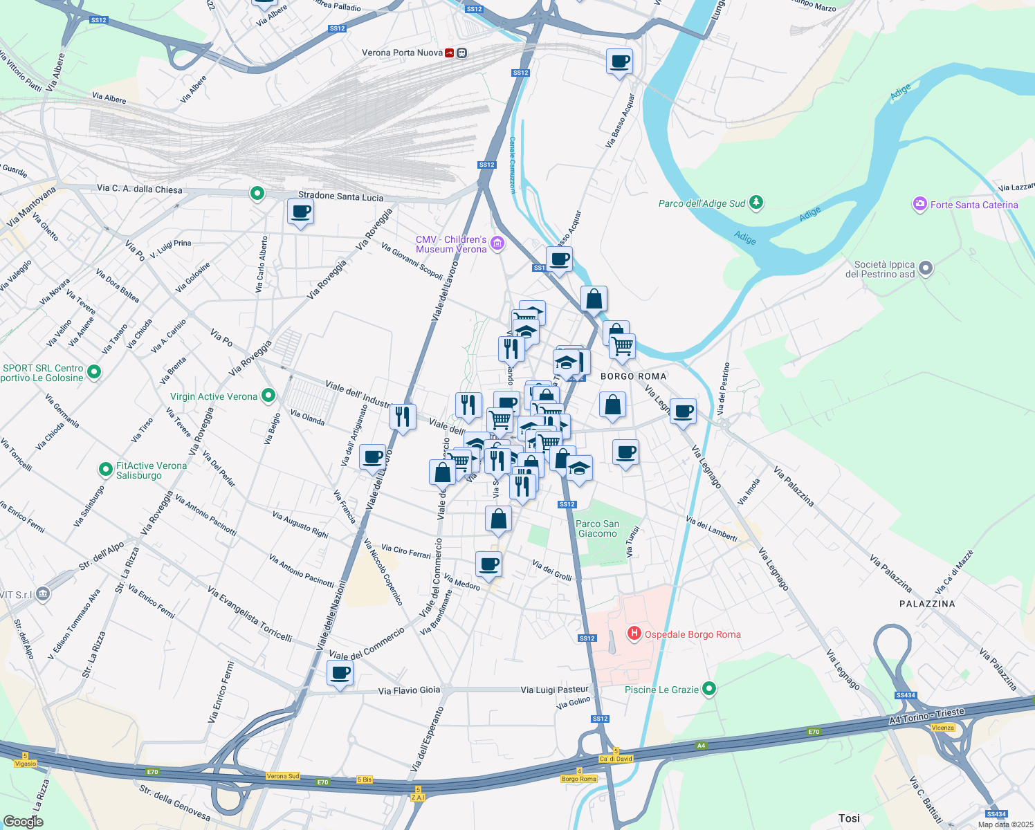 map of restaurants, bars, coffee shops, grocery stores, and more near 7 Via Monfalcone in Verona
