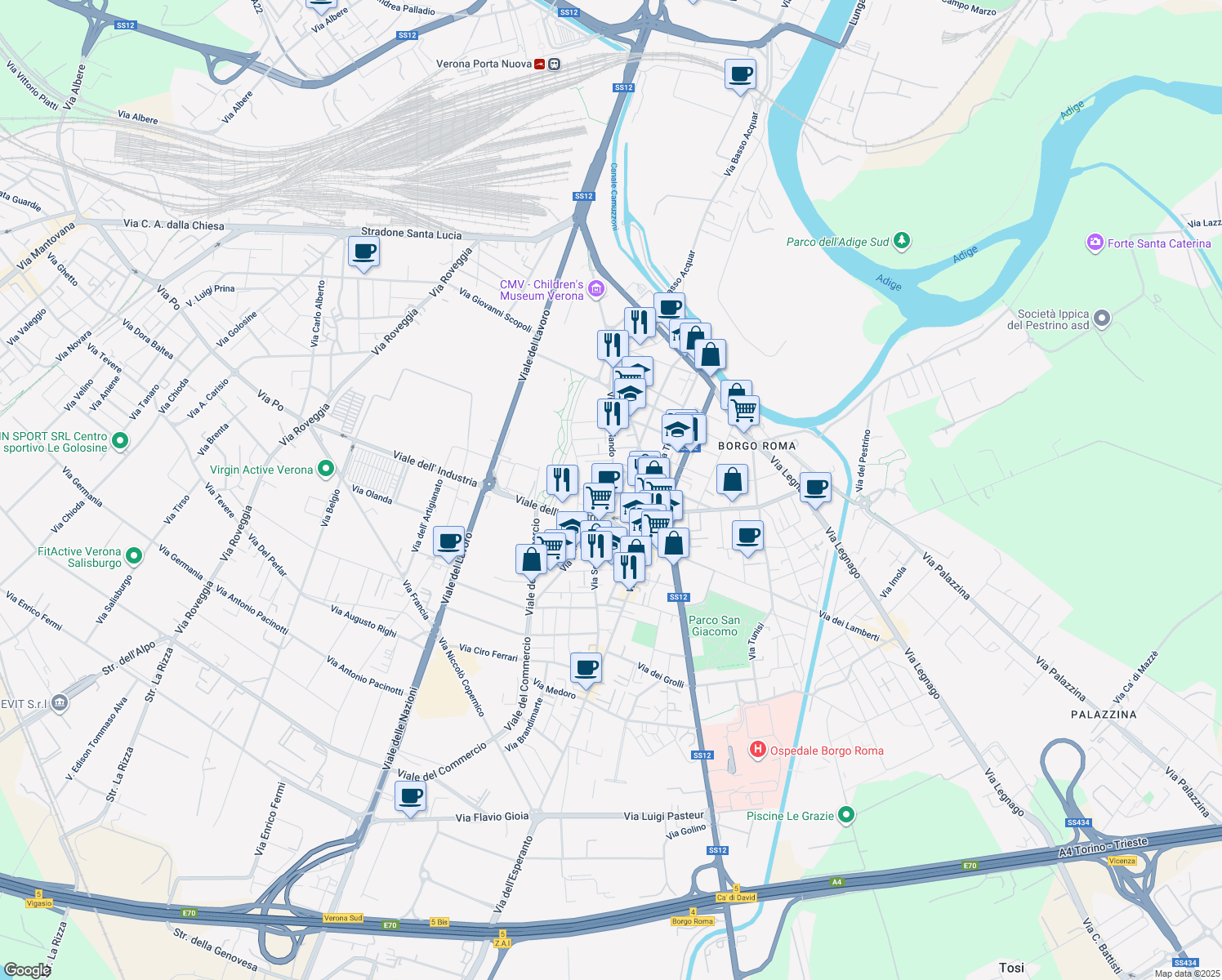 map of restaurants, bars, coffee shops, grocery stores, and more near 126A Via Scuderlando in Verona