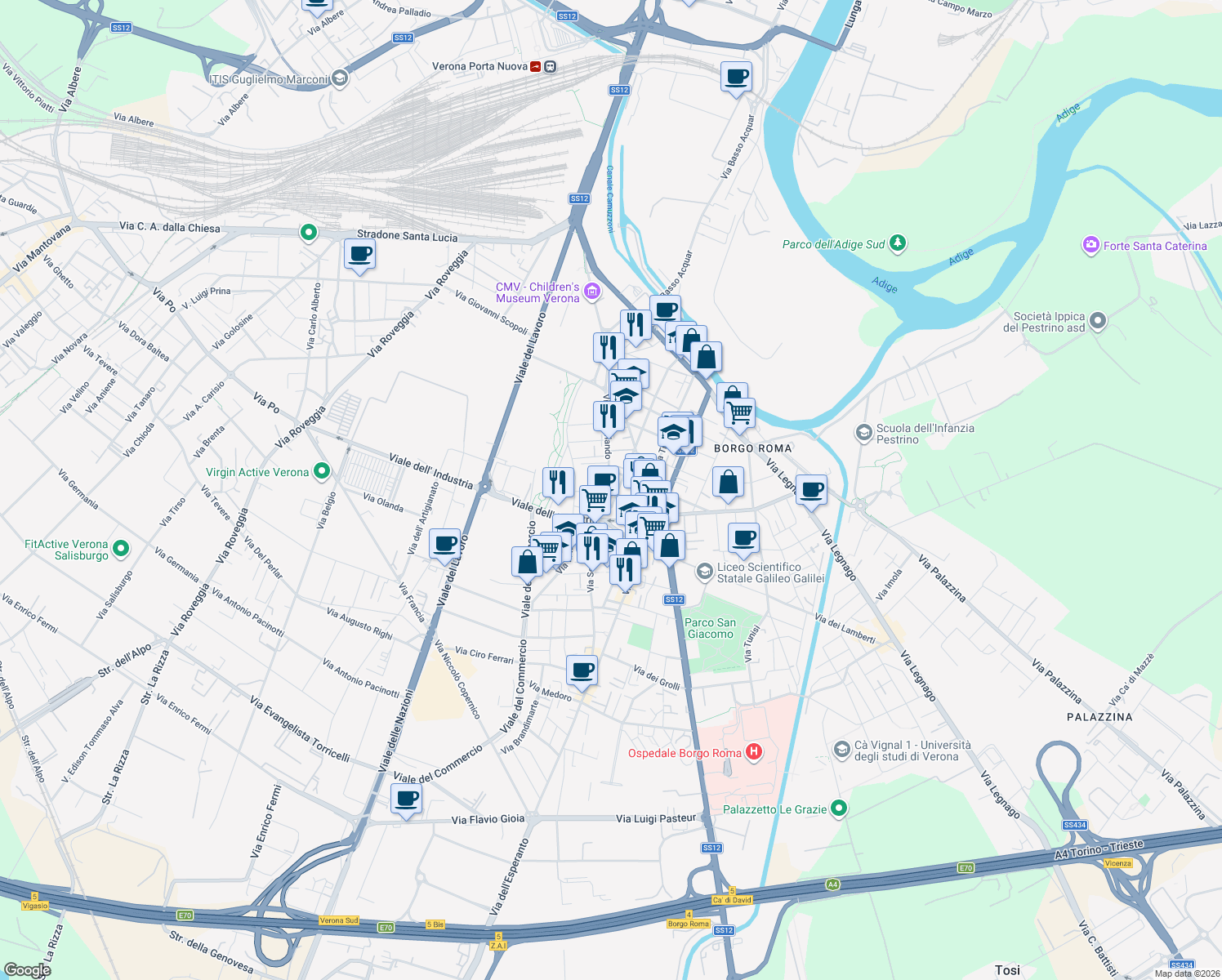 map of restaurants, bars, coffee shops, grocery stores, and more near 126A Via Scuderlando in Verona