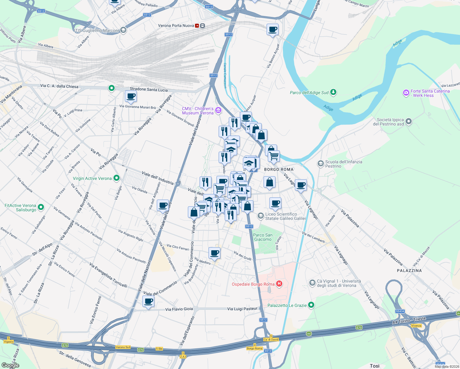 map of restaurants, bars, coffee shops, grocery stores, and more near 126A Via Scuderlando in Verona