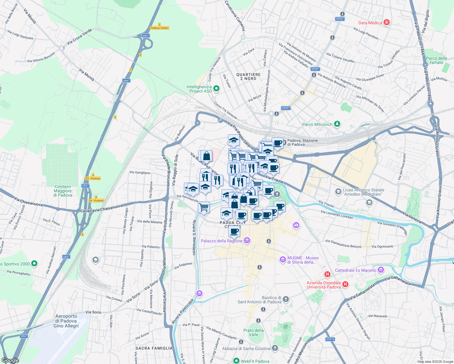 map of restaurants, bars, coffee shops, grocery stores, and more near Via Beato Pellegrino in Padua