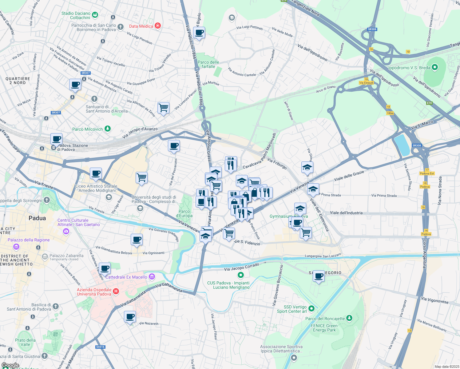 map of restaurants, bars, coffee shops, grocery stores, and more near 18 Via Fratelli Boscardin in Padua