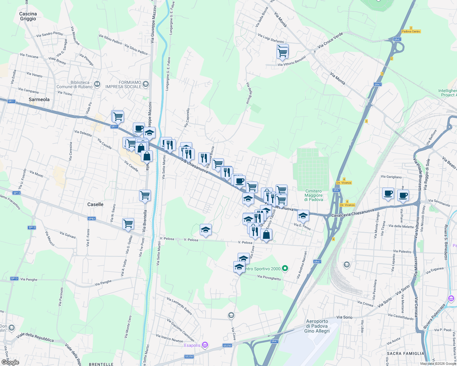 map of restaurants, bars, coffee shops, grocery stores, and more near 8 Via Andrea Maria Ampere in Padova
