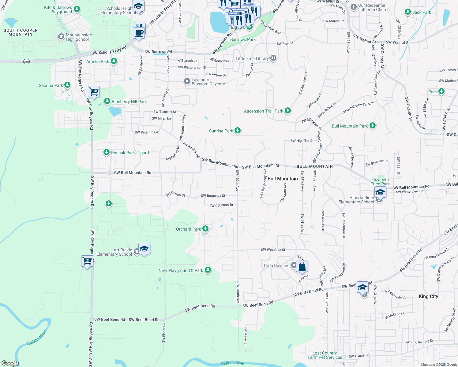 map of restaurants, bars, coffee shops, grocery stores, and more near 14685 Southwest 150th Avenue in Tigard