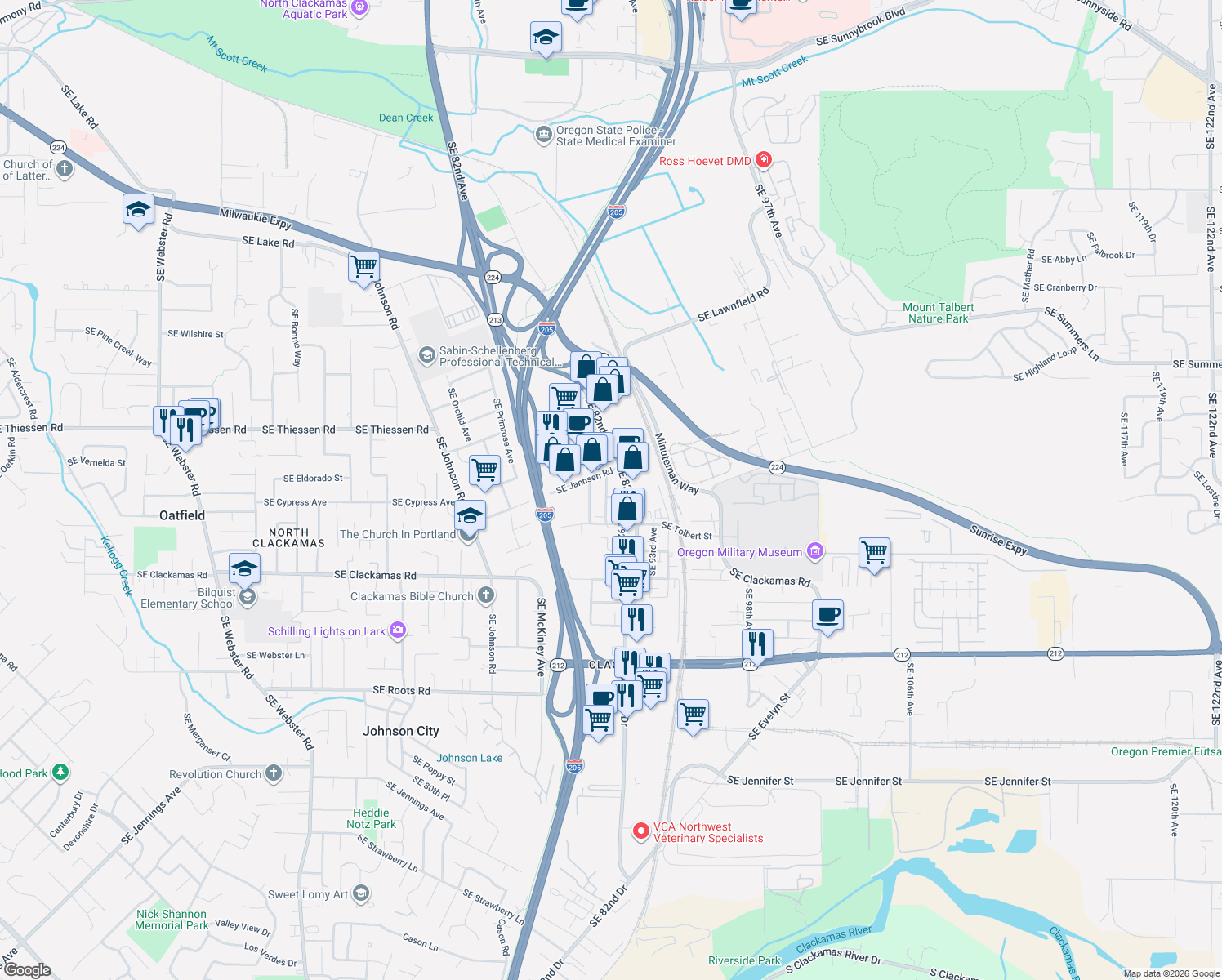 map of restaurants, bars, coffee shops, grocery stores, and more near 15050 SE 91st Ave in Clackamas