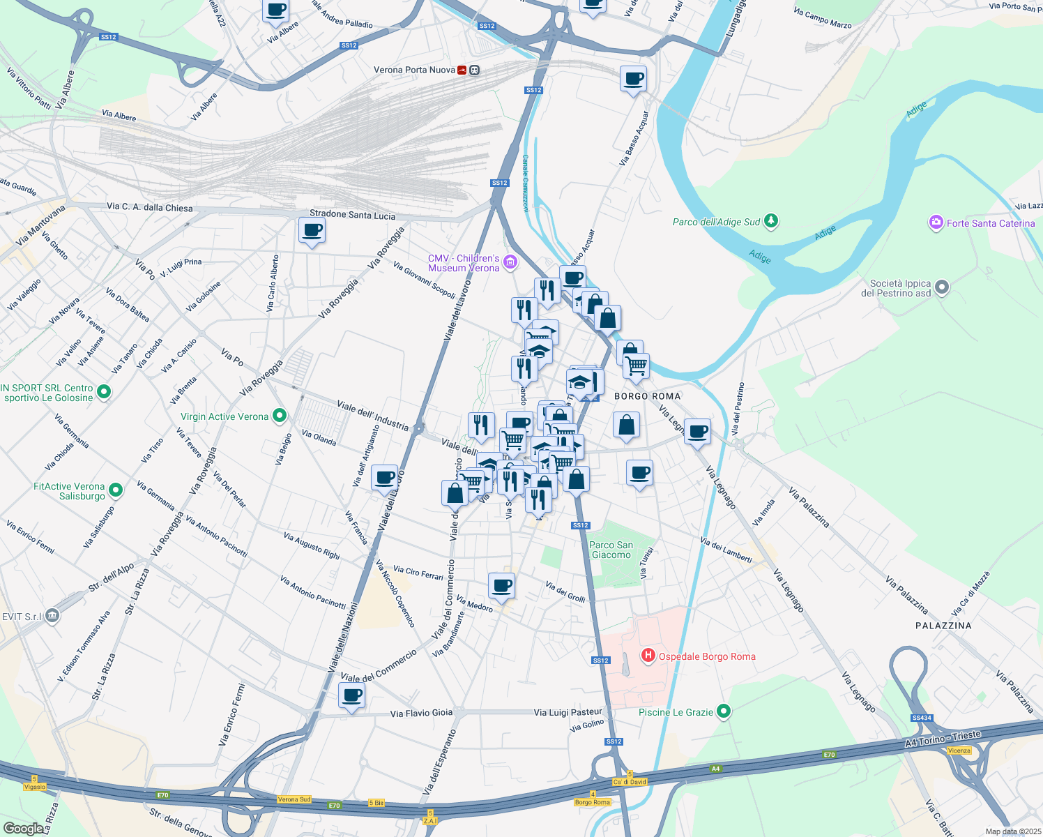 map of restaurants, bars, coffee shops, grocery stores, and more near 126a Via Scuderlando in Verona