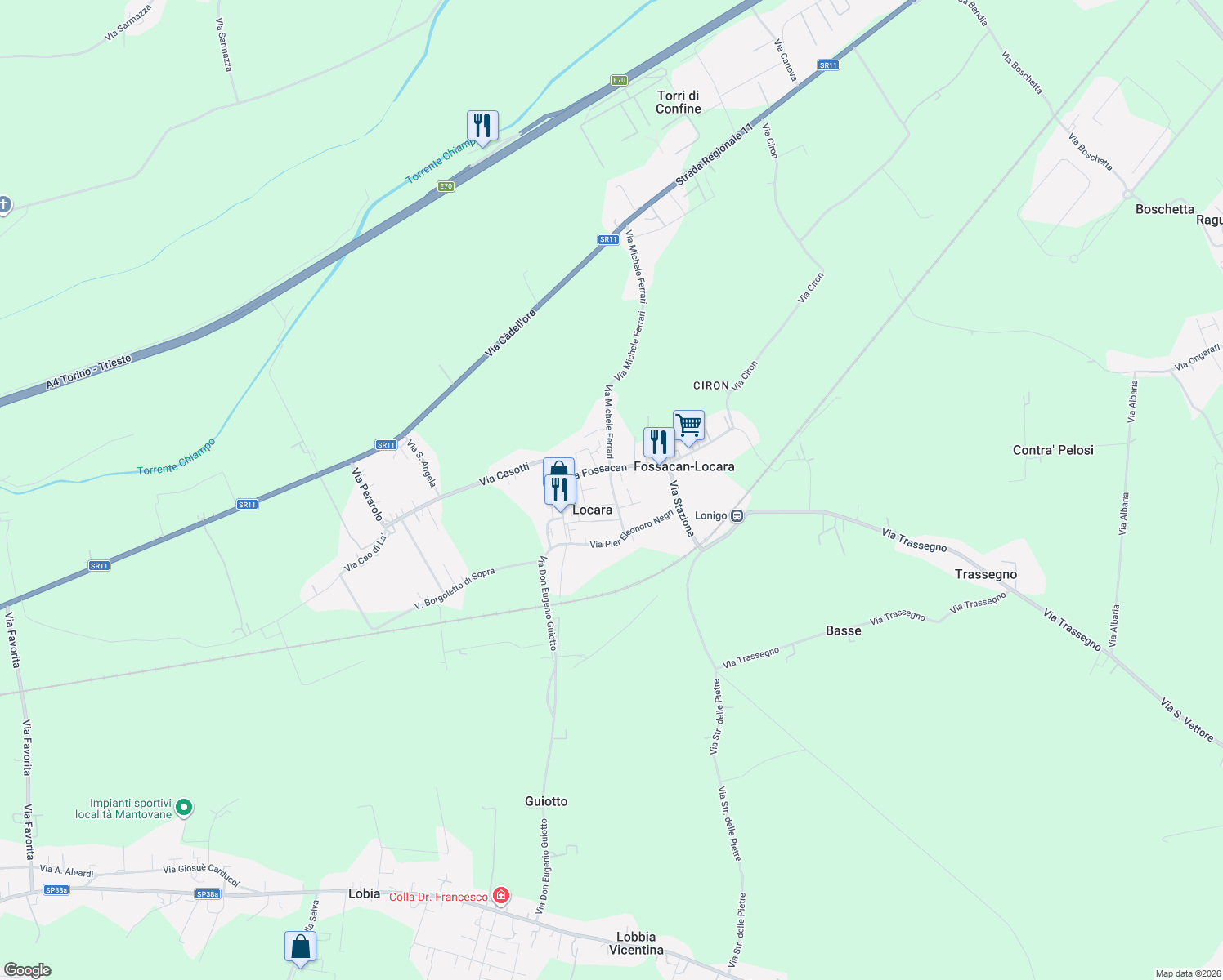 map of restaurants, bars, coffee shops, grocery stores, and more near 14 Via Renato Simoni in Locara