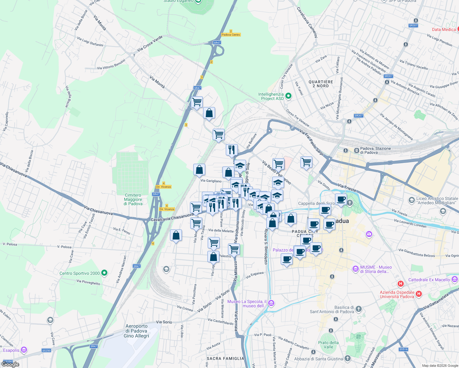 map of restaurants, bars, coffee shops, grocery stores, and more near 9 Via Garigliano in Padova