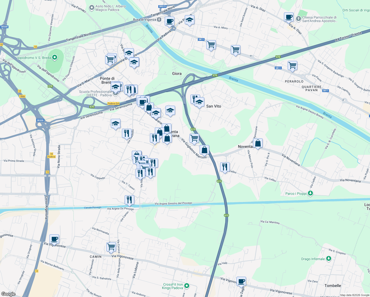 map of restaurants, bars, coffee shops, grocery stores, and more near 4 Via Guglielmo Marconi in Noventana