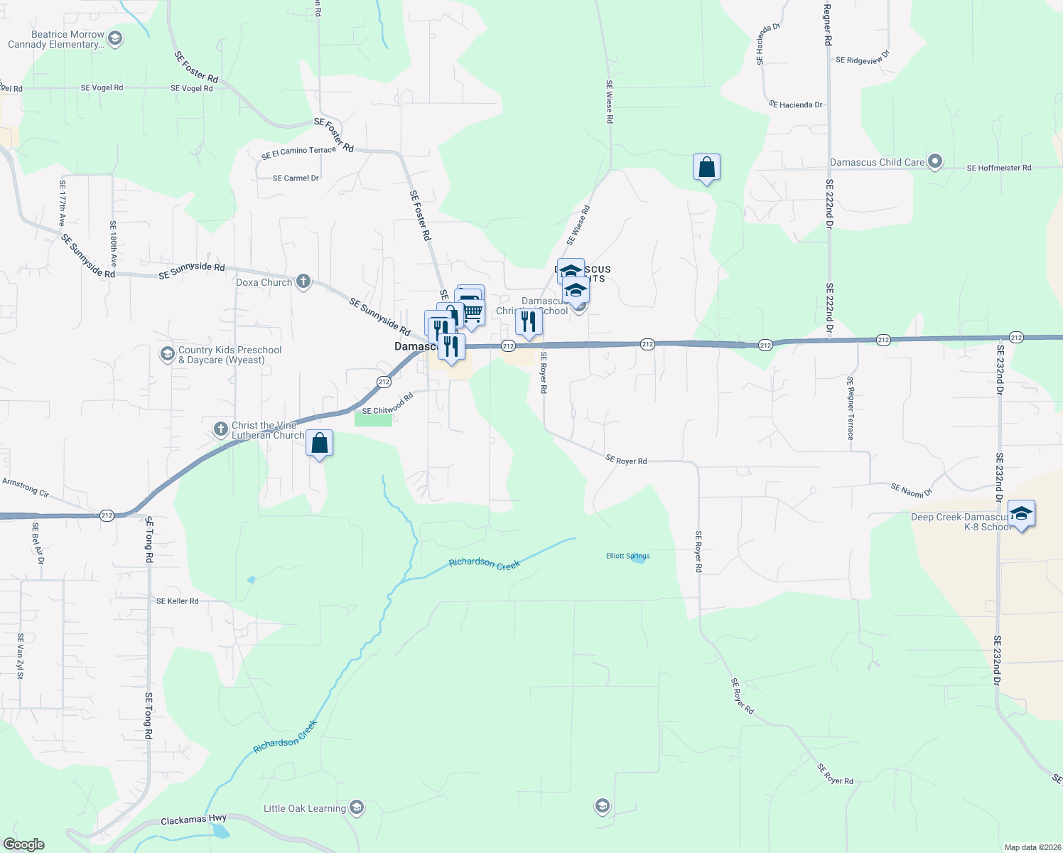 map of restaurants, bars, coffee shops, grocery stores, and more near 14967 Southeast Royer Road in Damascus