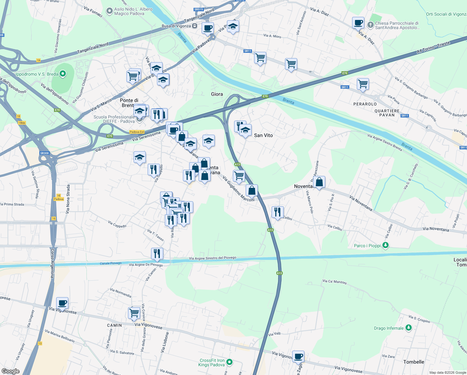 map of restaurants, bars, coffee shops, grocery stores, and more near 4 Via Guglielmo Marconi in Noventana