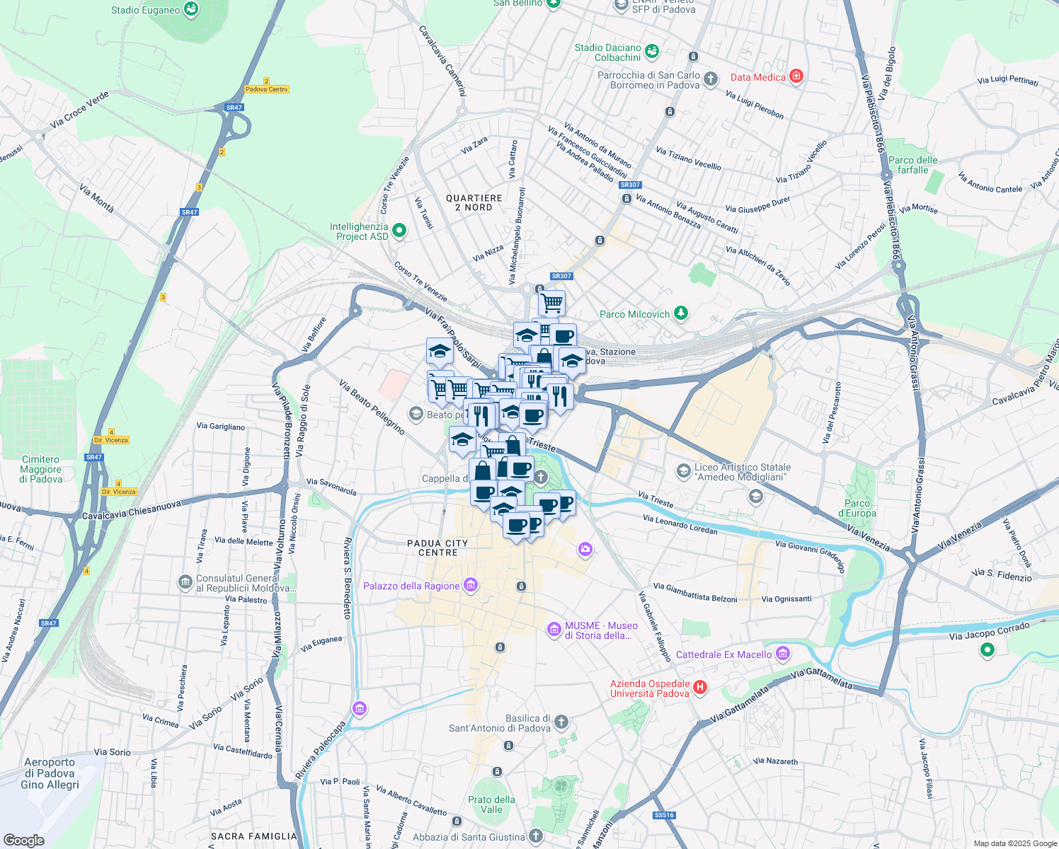 map of restaurants, bars, coffee shops, grocery stores, and more near 2 Corso del Popolo in Padova