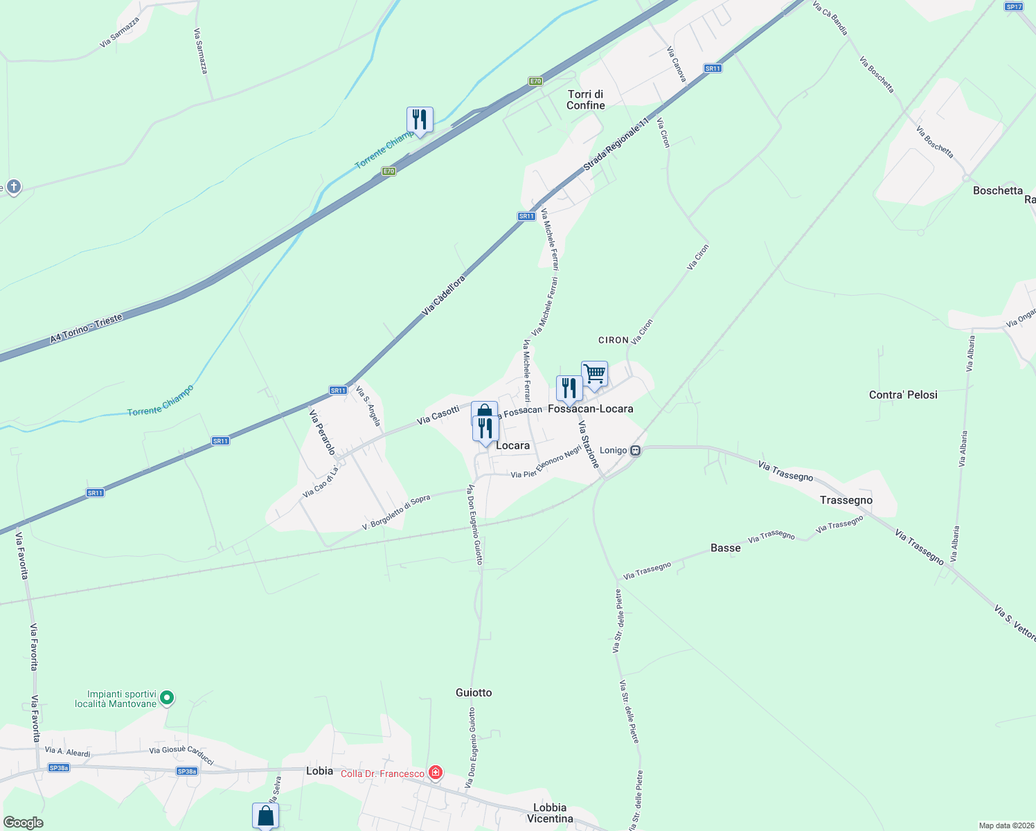 map of restaurants, bars, coffee shops, grocery stores, and more near 14 Via Renato Simoni in Locara
