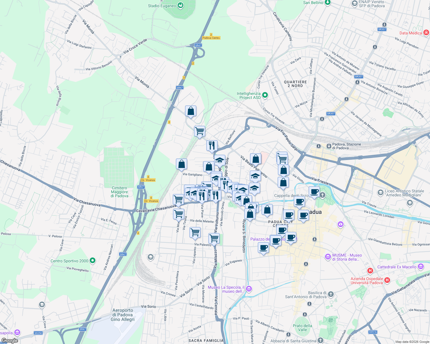 map of restaurants, bars, coffee shops, grocery stores, and more near 9 Via Garigliano in Padua