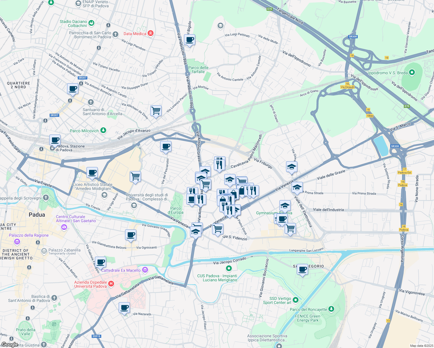 map of restaurants, bars, coffee shops, grocery stores, and more near 18 Via Fratelli Boscardin in Padua