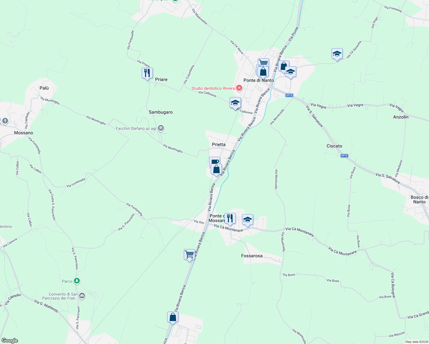map of restaurants, bars, coffee shops, grocery stores, and more near Strada Statale 247 in Province of Vicenza
