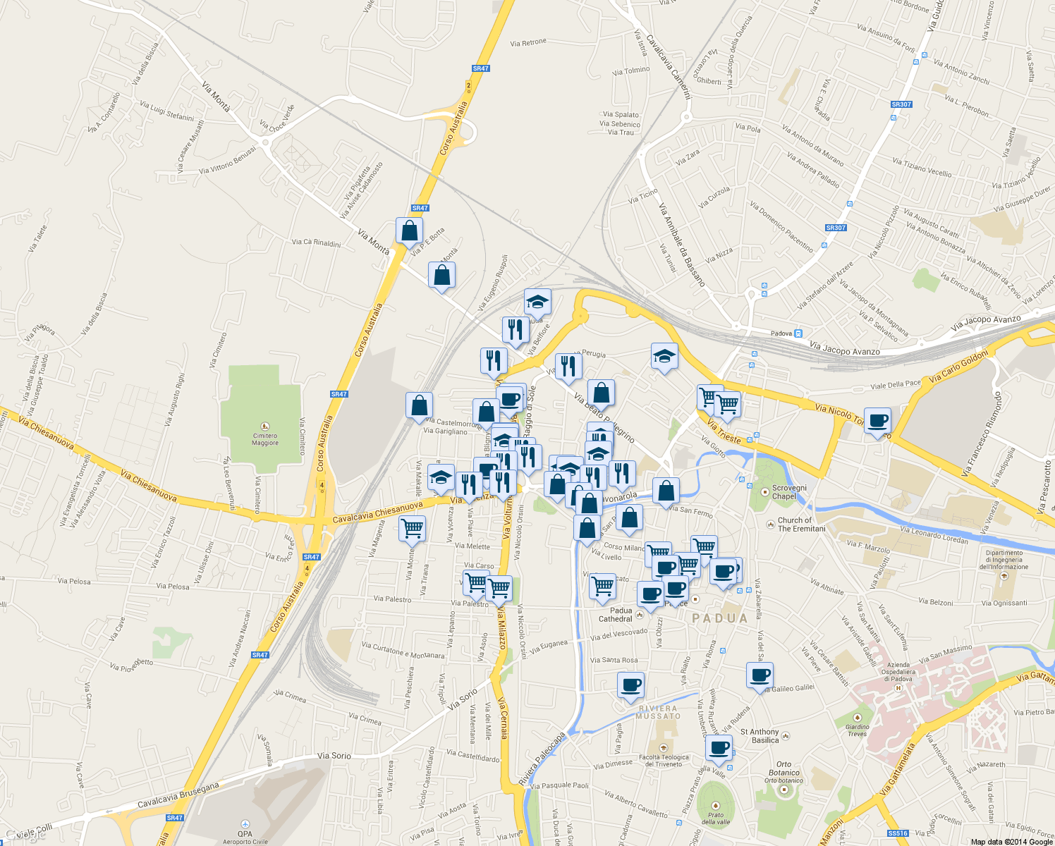 map of restaurants, bars, coffee shops, grocery stores, and more near Via Raggio di Sole in Padua