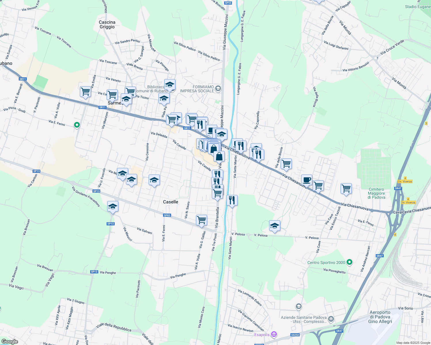 map of restaurants, bars, coffee shops, grocery stores, and more near 47 Via Caselle in Caselle