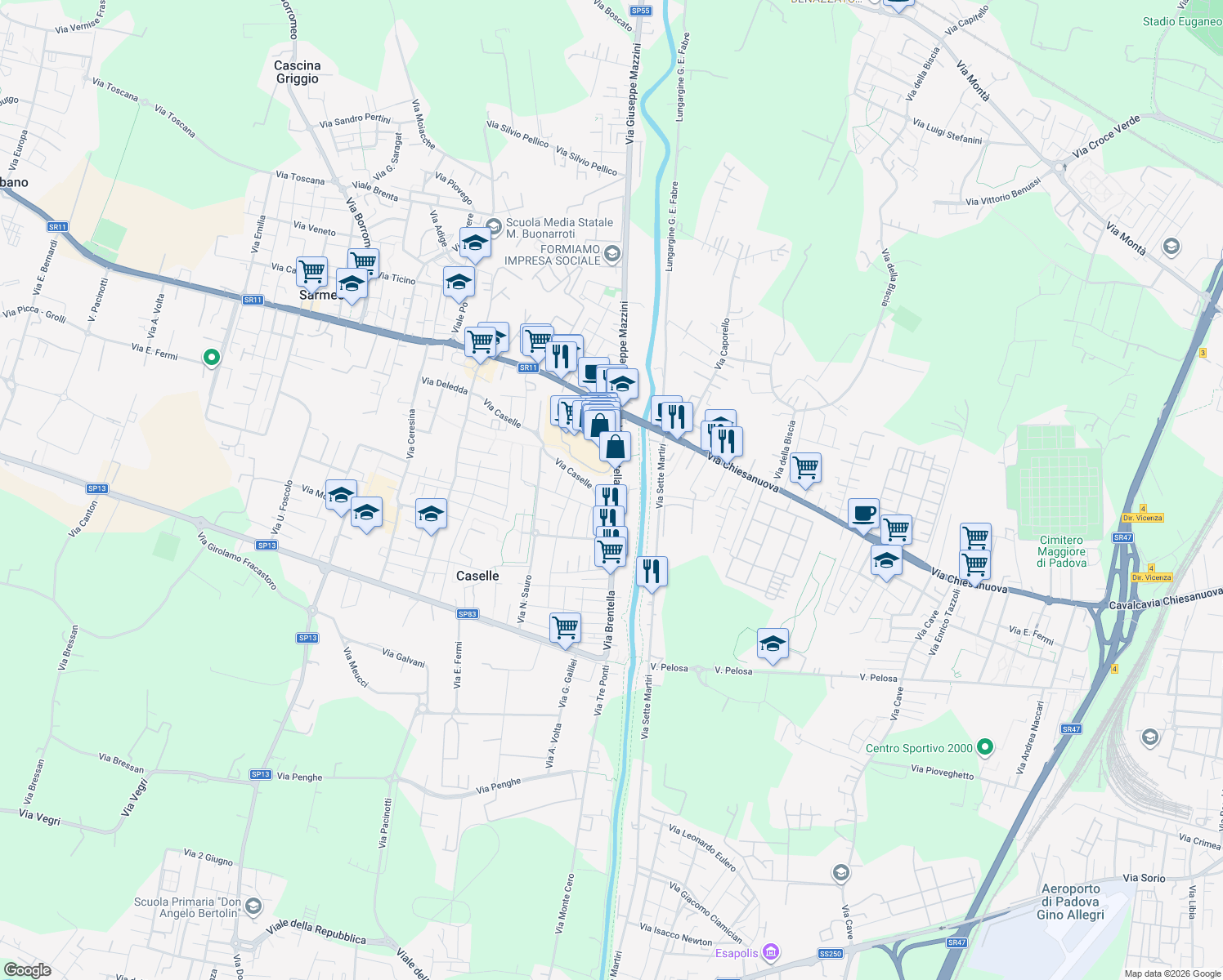map of restaurants, bars, coffee shops, grocery stores, and more near in Sarmeola