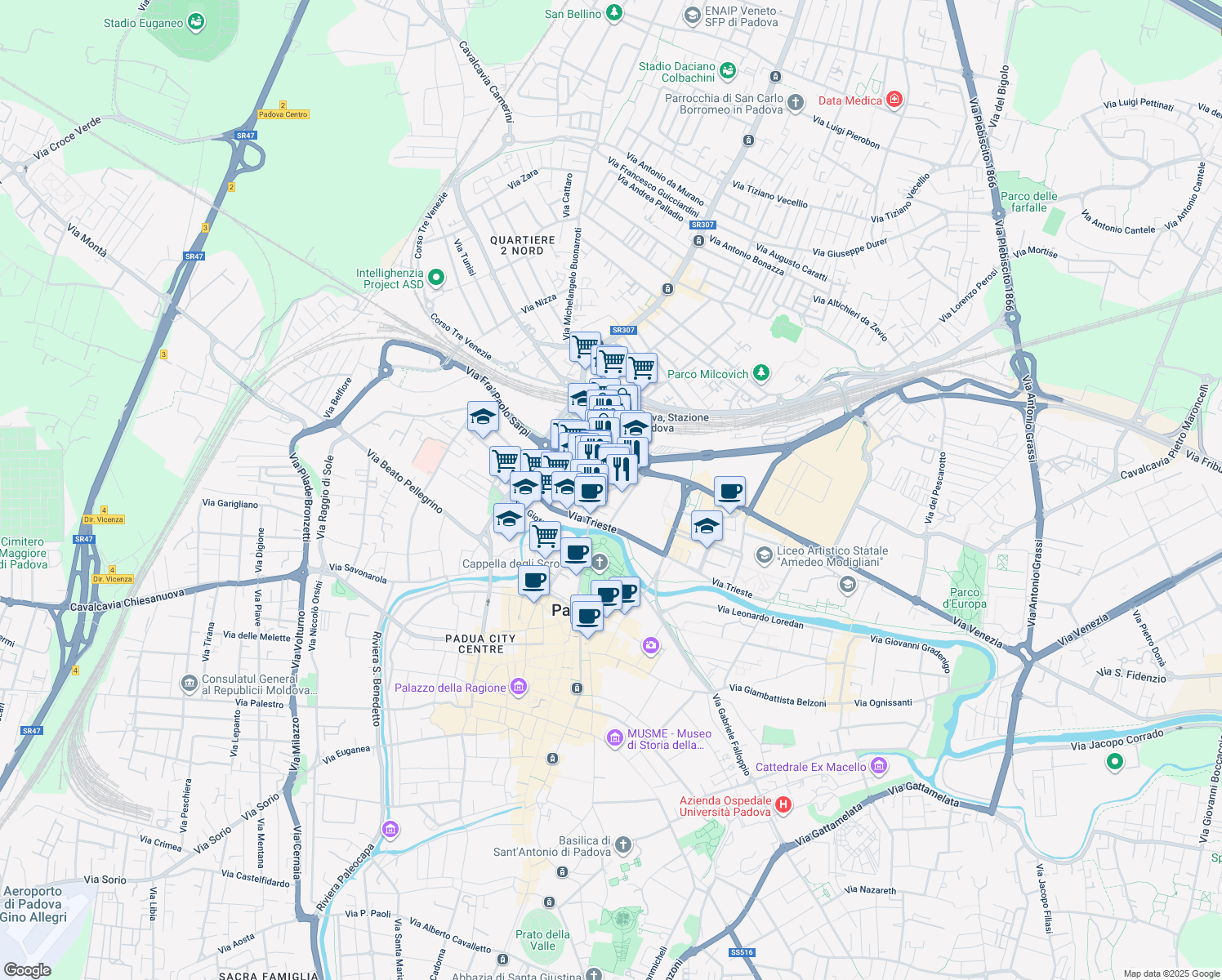 map of restaurants, bars, coffee shops, grocery stores, and more near 8 Via Nicolò Tommaseo in Padova