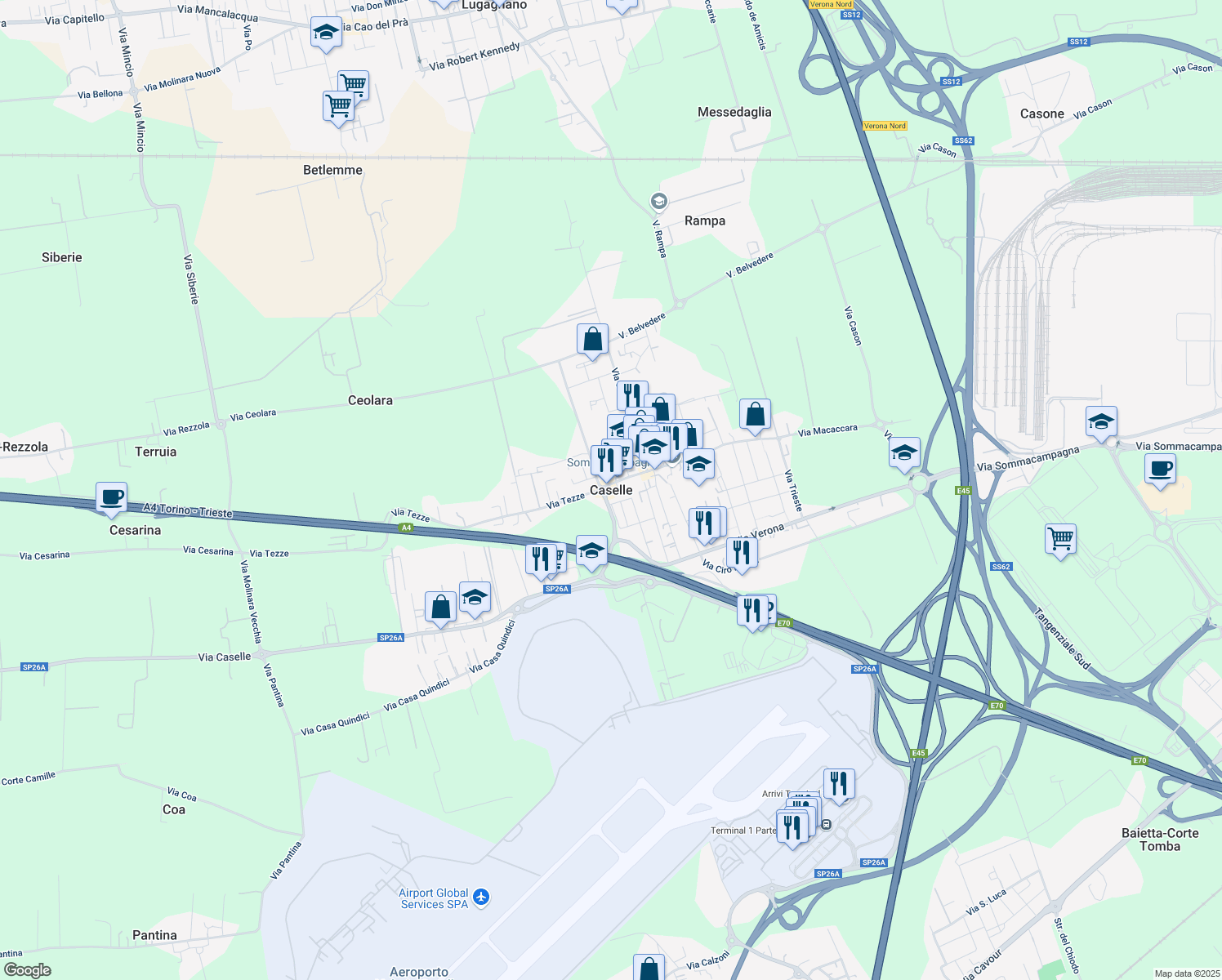 map of restaurants, bars, coffee shops, grocery stores, and more near in Caselle