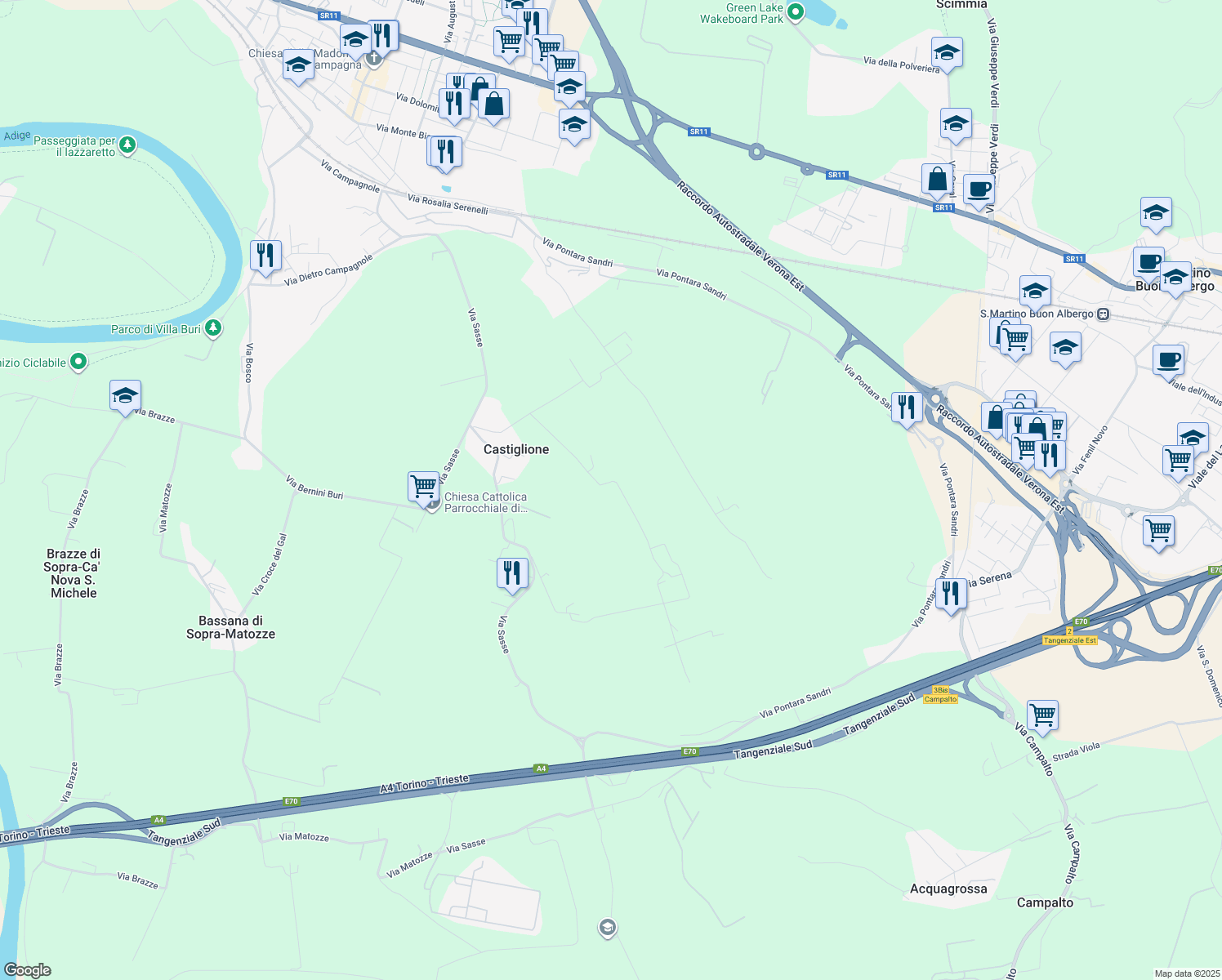 map of restaurants, bars, coffee shops, grocery stores, and more near 9 Via Sasse in Provincia di Verona