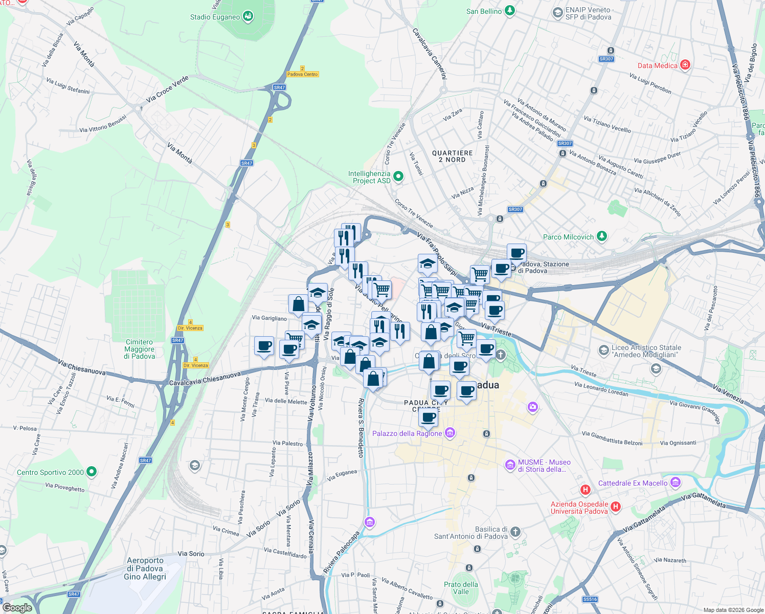 map of restaurants, bars, coffee shops, grocery stores, and more near Via Beato Pellegrino in Padua