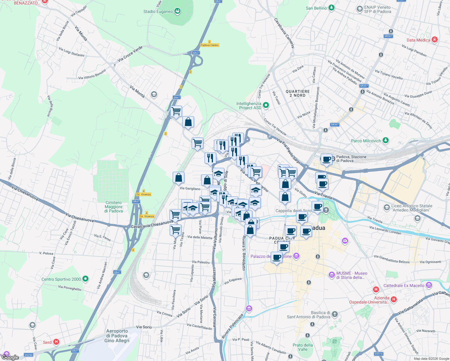 map of restaurants, bars, coffee shops, grocery stores, and more near Via Raggio di Sole in Padua