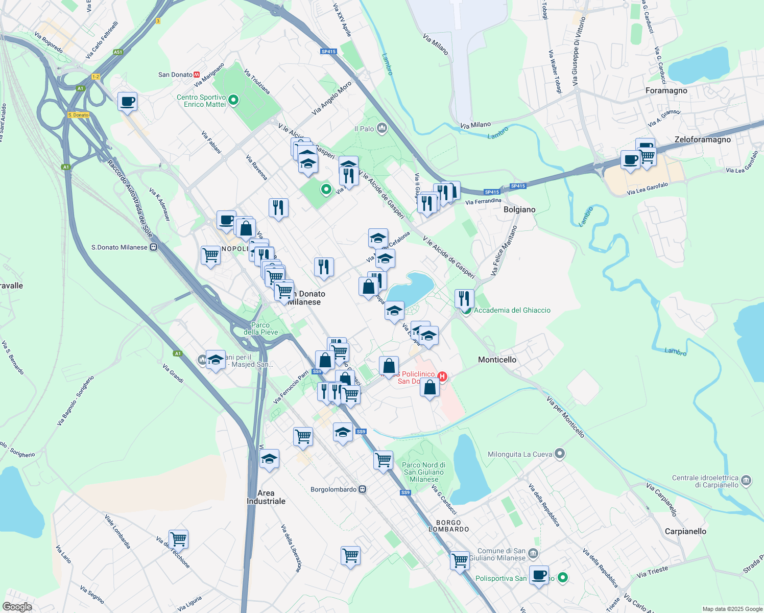 map of restaurants, bars, coffee shops, grocery stores, and more near 22 Piazza Generale Carlo Alberto dalla Chiesa in San Donato Milanese