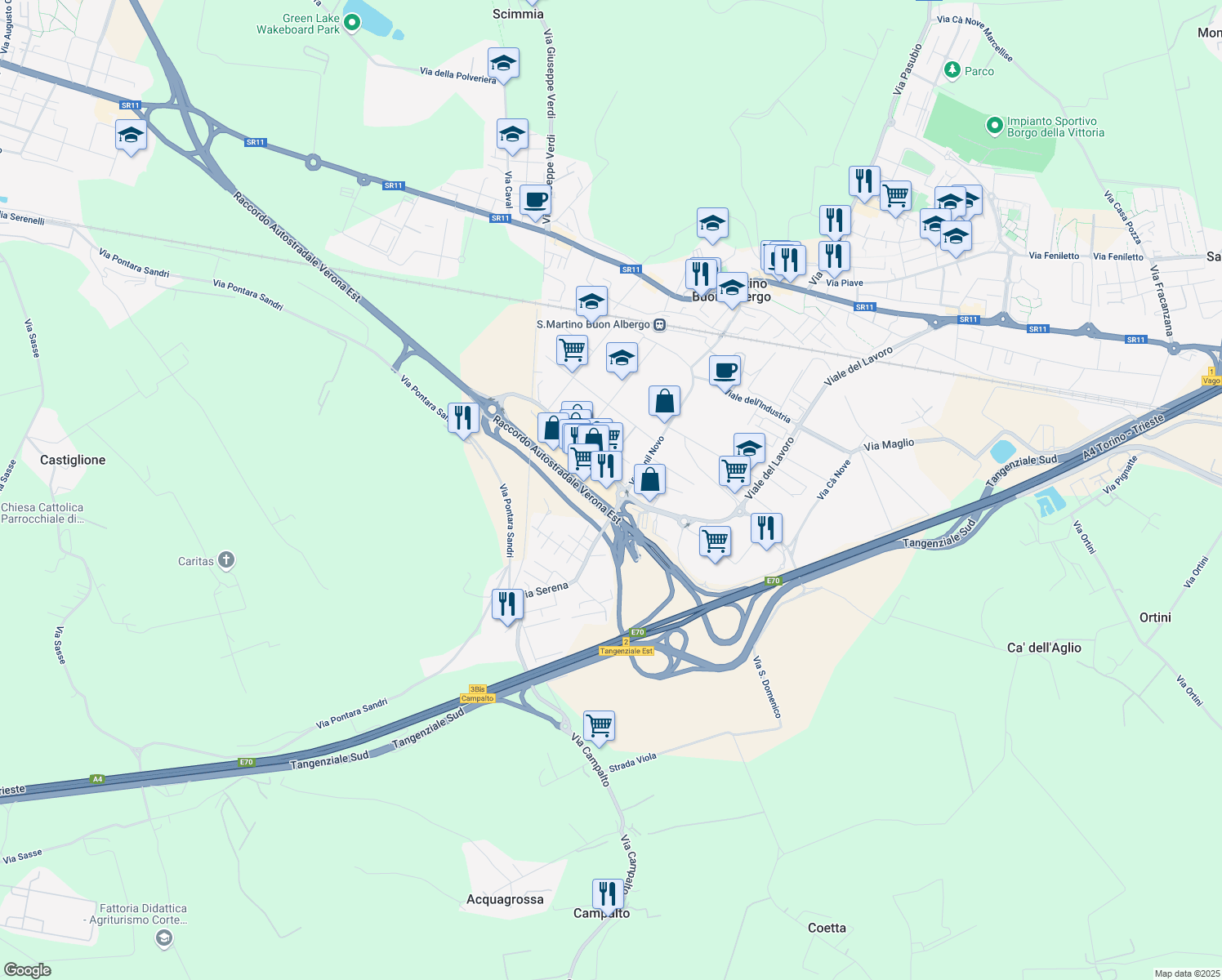 map of restaurants, bars, coffee shops, grocery stores, and more near 35 Viale del Lavoro in San Martino Buon Albergo