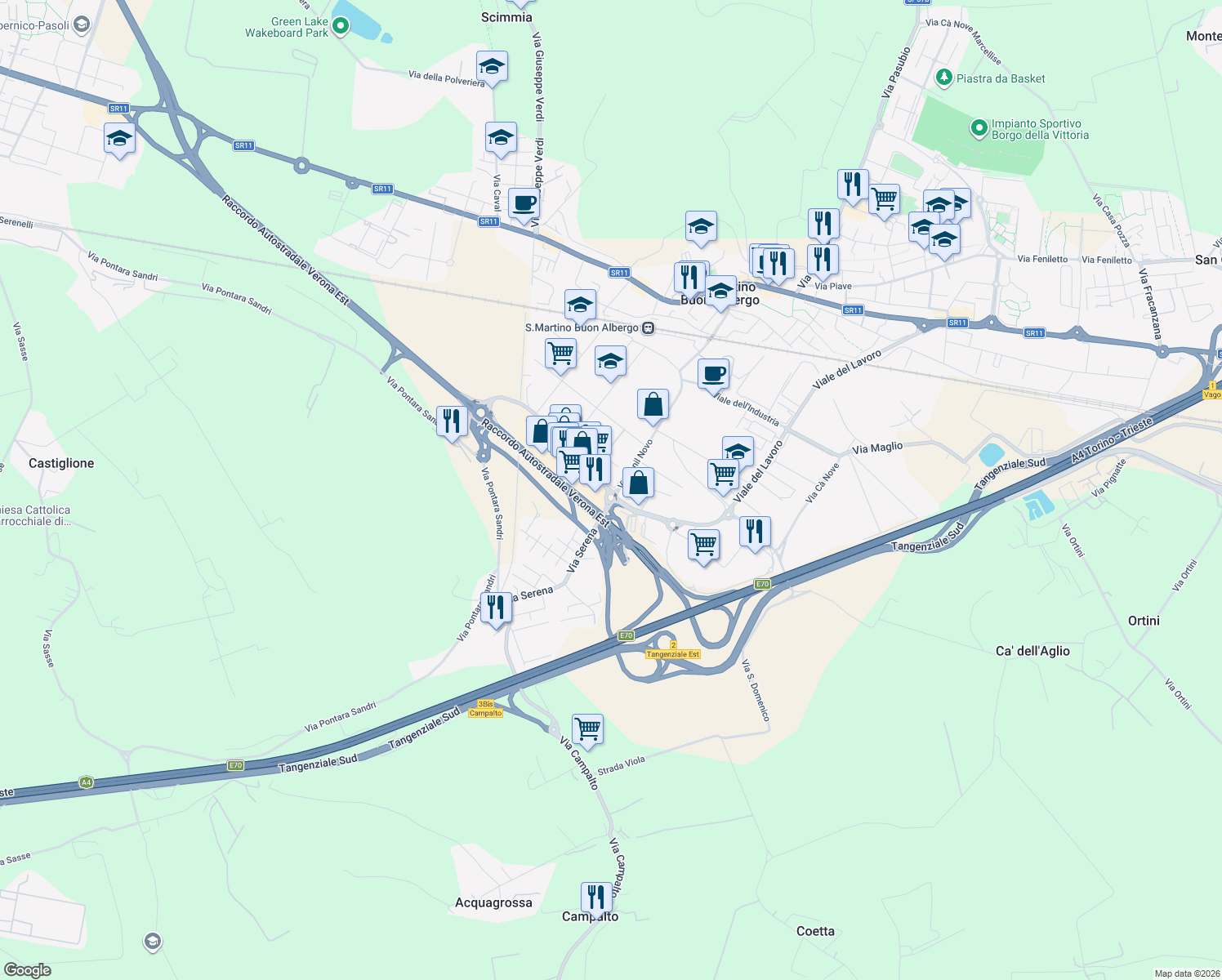 map of restaurants, bars, coffee shops, grocery stores, and more near 35 Viale del Lavoro in San Martino Buon Albergo