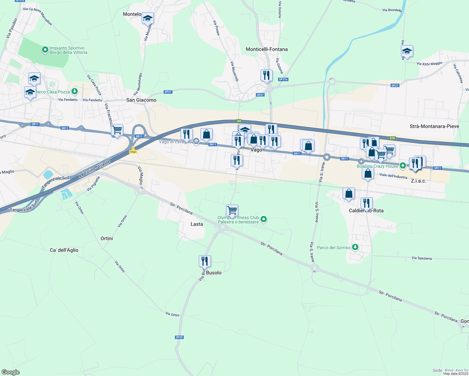 map of restaurants, bars, coffee shops, grocery stores, and more near 24 Via Vaghetto in Vago