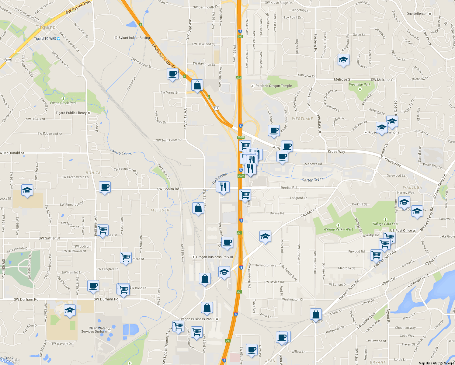 map of restaurants, bars, coffee shops, grocery stores, and more near 6777 SW Bonita Rd in Tigard