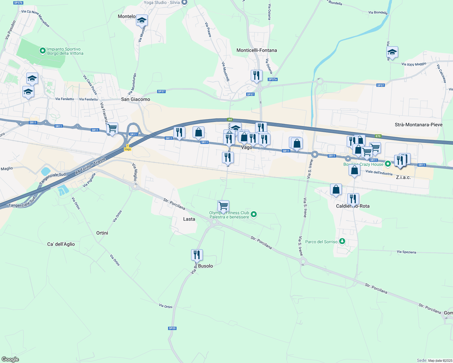 map of restaurants, bars, coffee shops, grocery stores, and more near 24 Via Vaghetto in Vago