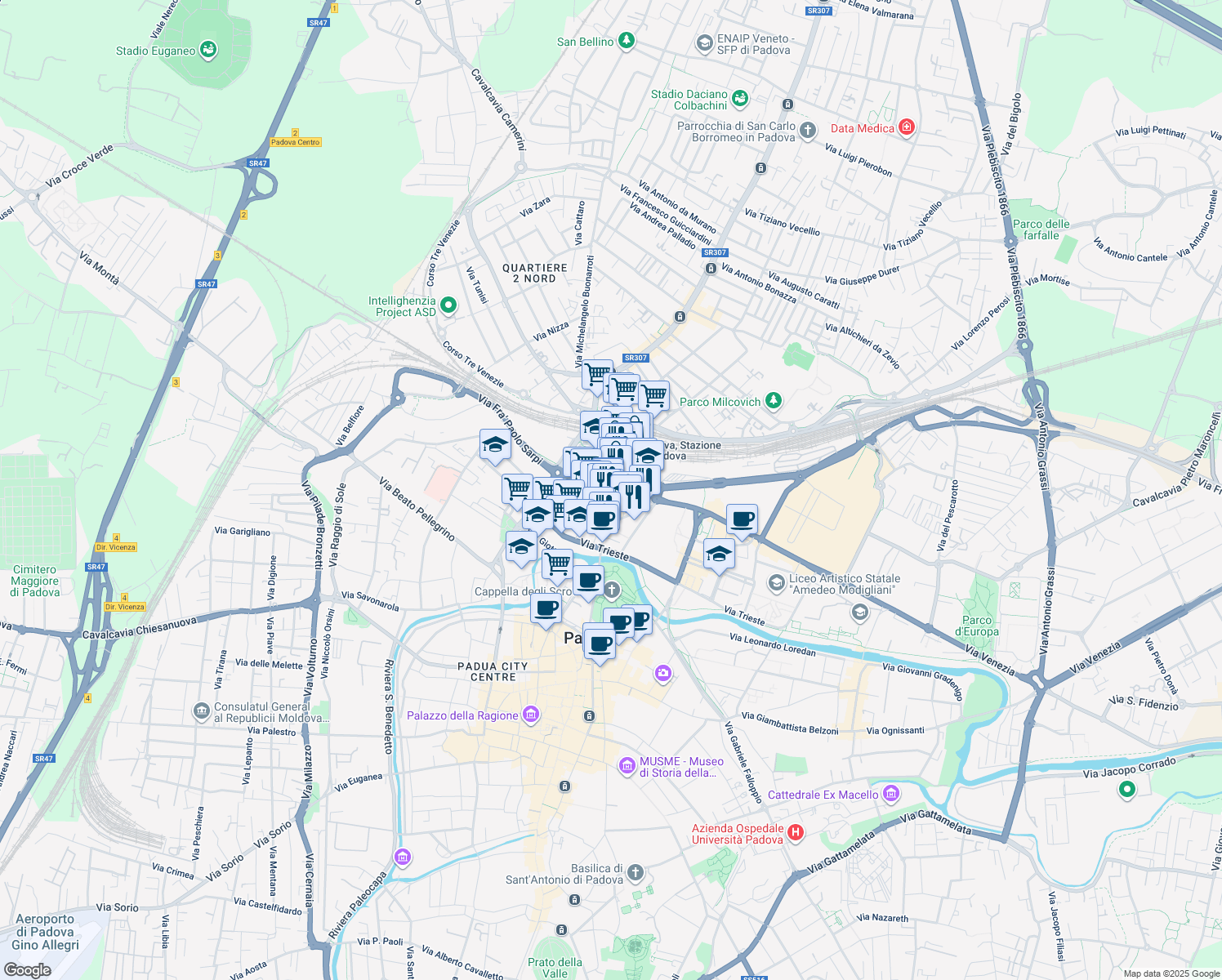 map of restaurants, bars, coffee shops, grocery stores, and more near 8 Via Niccolò Tommaseo in Padova