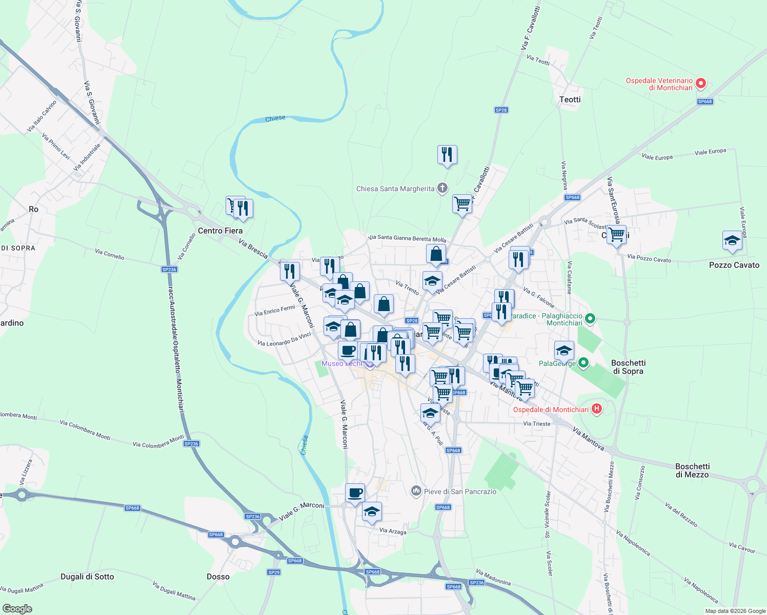 map of restaurants, bars, coffee shops, grocery stores, and more near 152 Via Angelo Mazzoldi in Montichiari