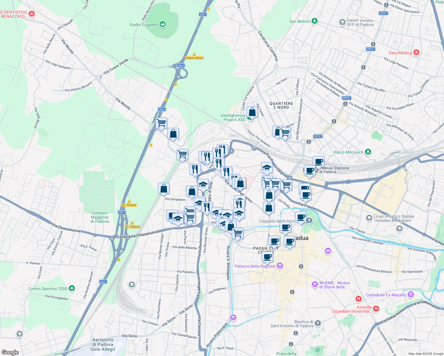 map of restaurants, bars, coffee shops, grocery stores, and more near 126 Via Citolo da Perugia in Padova
