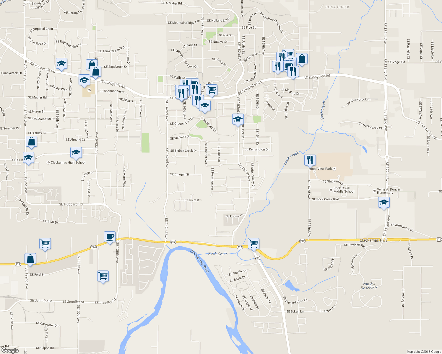 map of restaurants, bars, coffee shops, grocery stores, and more near 14947 Southeast Paddington Road in Clackamas