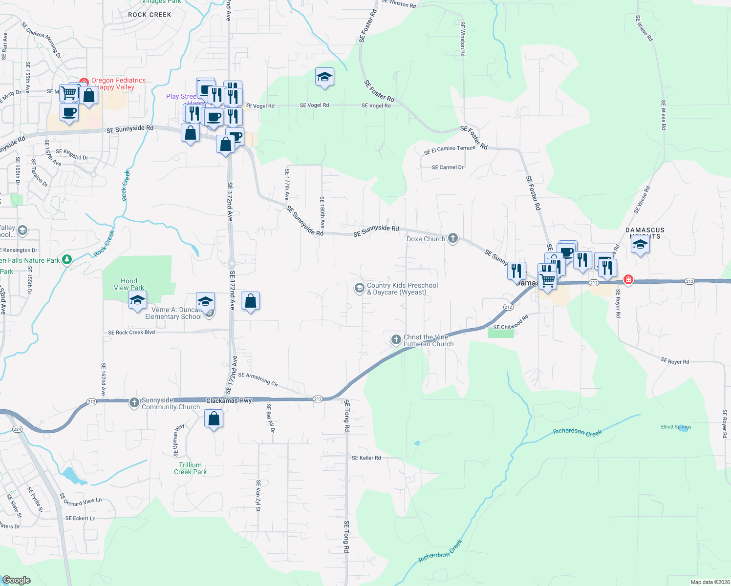 map of restaurants, bars, coffee shops, grocery stores, and more near 14554 Southeast Wyeast Avenue in Damascus