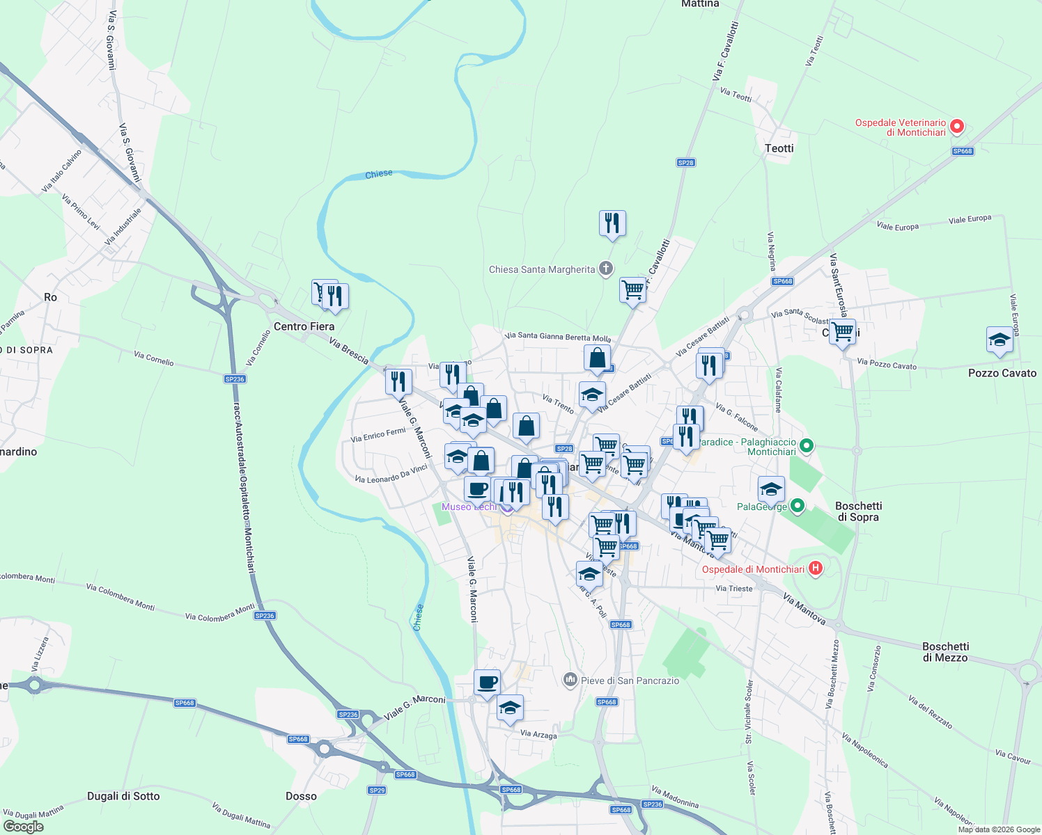 map of restaurants, bars, coffee shops, grocery stores, and more near 152 Via Angelo Mazzoldi in Montichiari