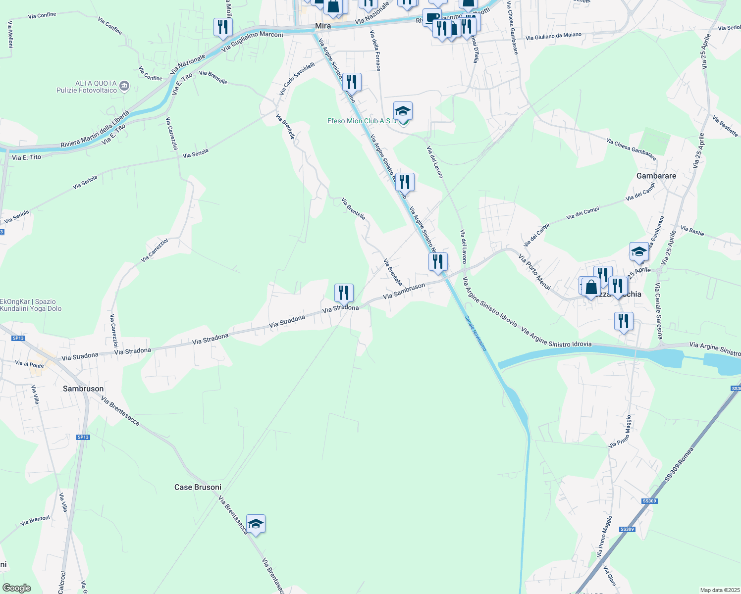 map of restaurants, bars, coffee shops, grocery stores, and more near 14 Via Sambruson in Mira
