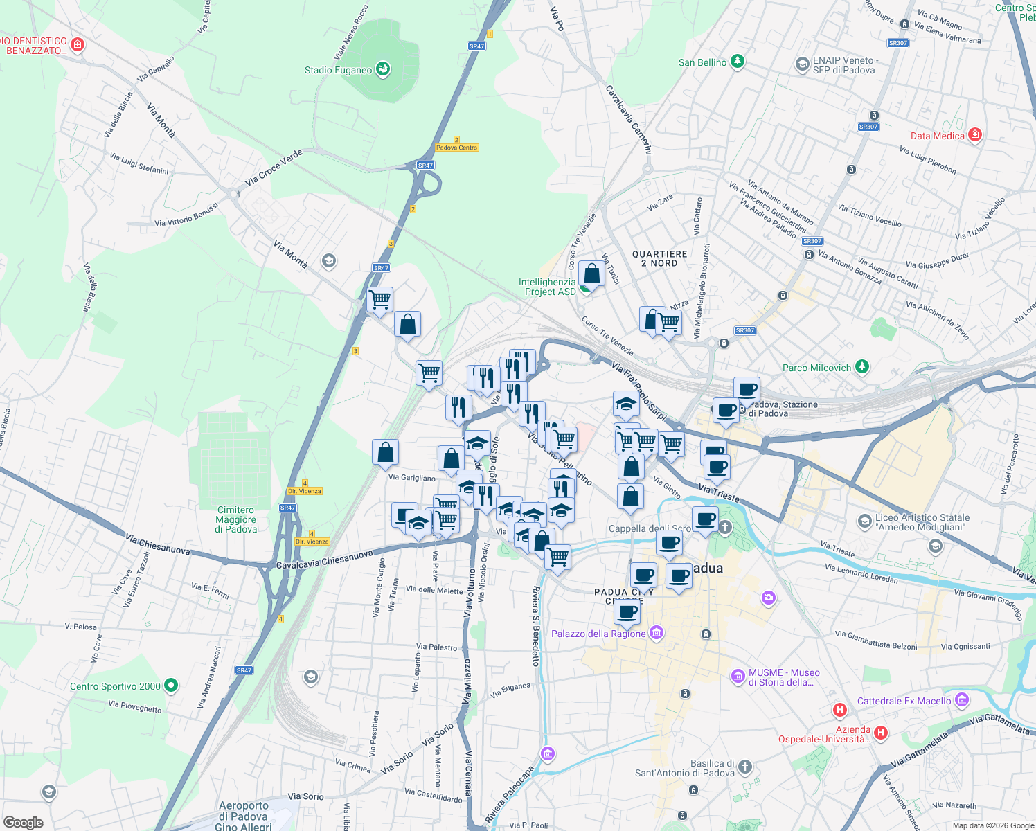 map of restaurants, bars, coffee shops, grocery stores, and more near 126 Via Citolo da Perugia in Padova