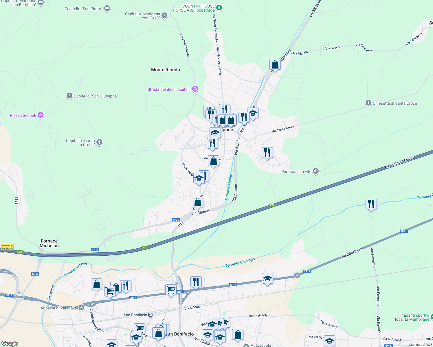 map of restaurants, bars, coffee shops, grocery stores, and more near 17 Viale Europa in Monteforte d'Alpone